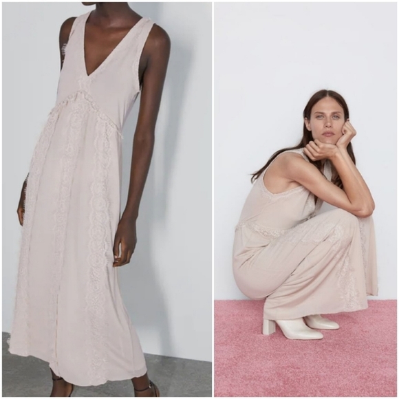 Zara contrasting lace camisole maxi dress neutral - Picture 2 of 8